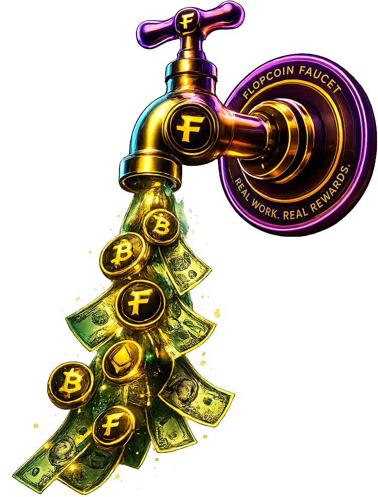 The FlopCoin faucet flowing: a gold tap on a FLOPCOIN FAUCET badge gushing FLOP, Bitcoin and Ethereum coins and green cash.