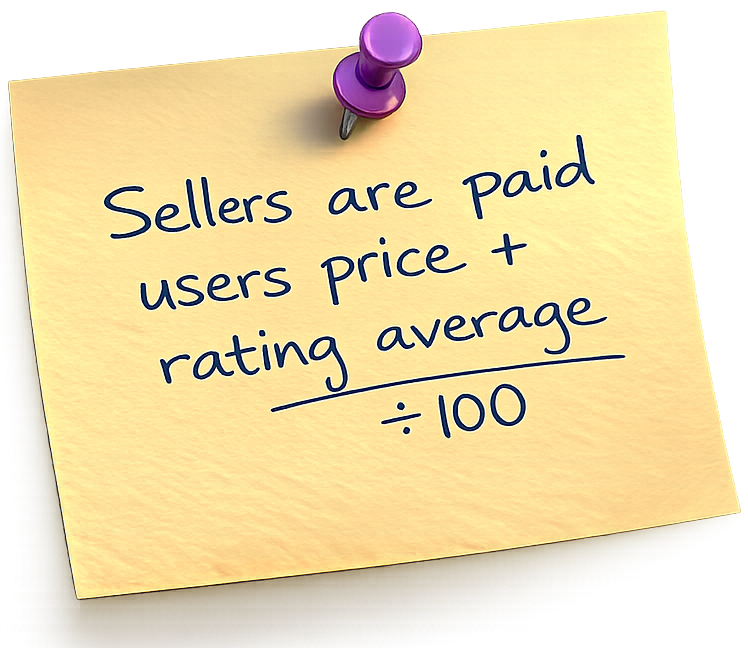 Sellers are paid: the user price plus rating average, divided by 100